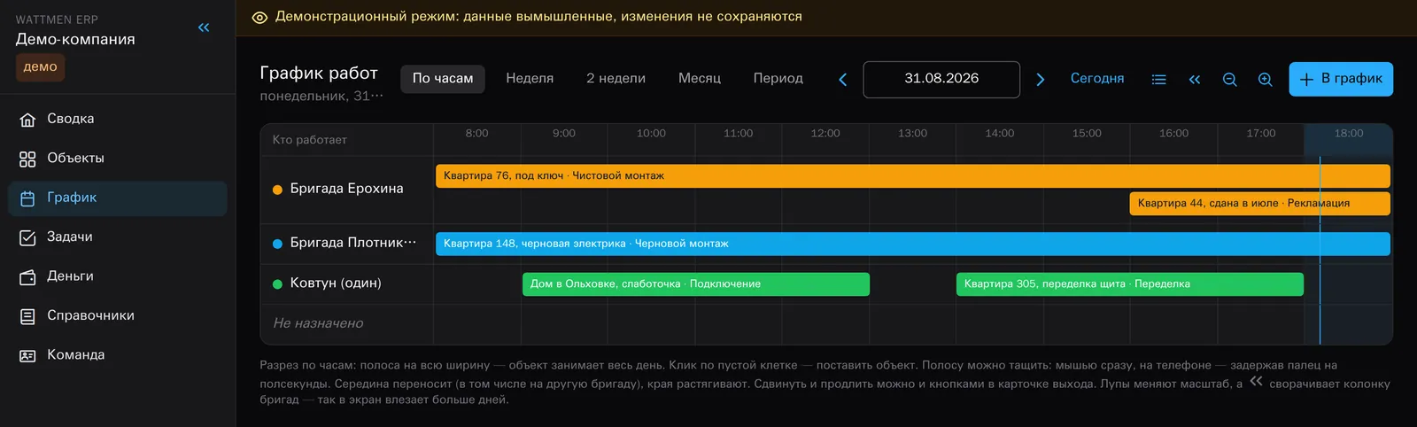 График работ в разрезе часов: бригады по горизонтали, часы дня по вертикали